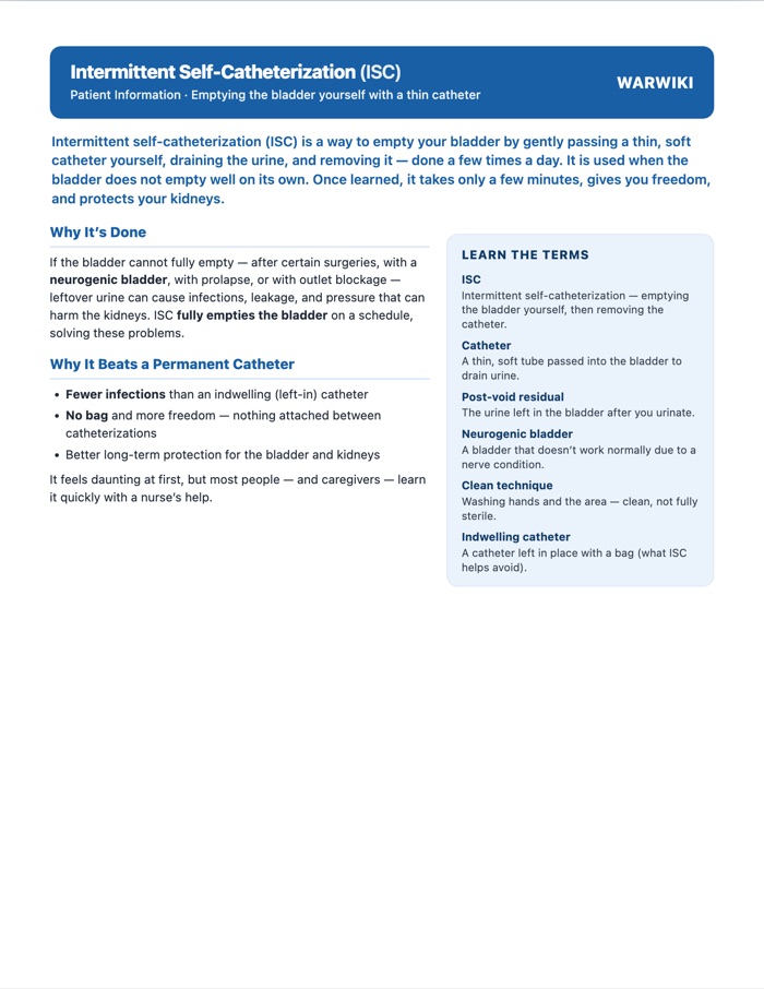 Intermittent Self-Catheterization (ISC) — patient handout, page 1